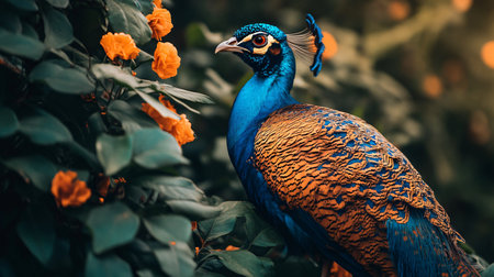 A blue and orange peacock is standing in a lush green forest. The bird is surrounded by orange flowers, which add a pop of color to the scene. Concept of tranquility and natural beautyの素材