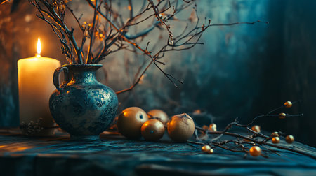 A candle is lit in a blue vase with a few apples and branches. The scene is warm and inviting, with the candle providing a soft glow and the apples and branches adding a touch of natureの素材