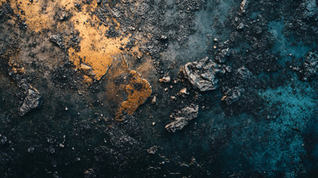 A rocky, dark blue and orange background with a few rocks scattered around. Scene is somewhat chaotic and ruggedの素材