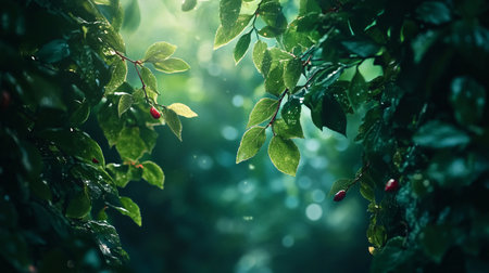 A lush green forest with leaves and berries. The leaves are wet and the sunlight is shining through the treesの素材