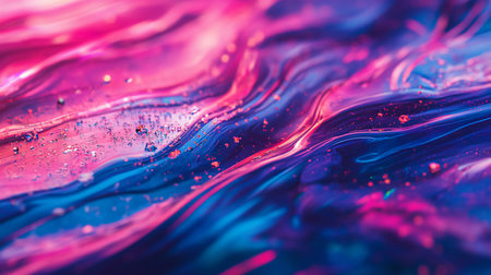 A colorful, abstract painting with a blue and pink background and a purple wave. The painting is full of texture and he is a representation of the oceanの素材