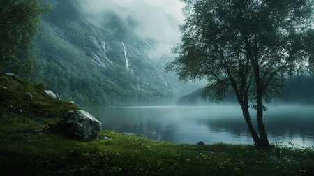 A serene and peaceful scene of a lake surrounded by mountains and a tree. Scene is calm and tranquil, with the water reflecting the trees and mountains in the distanceの素材
