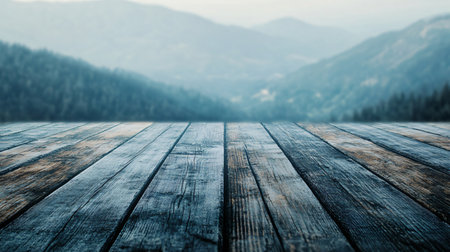 A wooden board with a view of mountains in the background. The board is wet and the mountains are covered in snowの素材