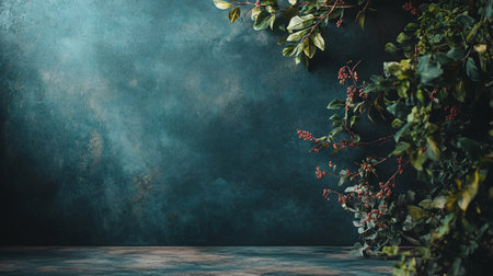 A blue wall with a green bush on it. The bush is full of berries. The wall is painted a dark blue colorの素材