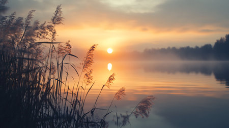 A beautiful sunset over a lake with a reflection of the sun on the water. The sky is filled with clouds, creating a serene and peaceful atmosphereの素材