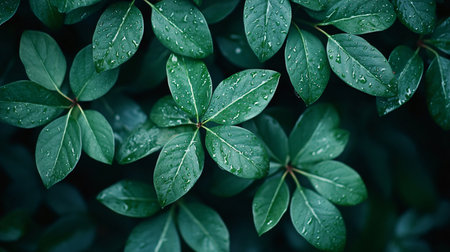A lush green plant with droplets of water on its leaves. The leaves are arranged in a way that creates a sense of depth and dimension, making the plant appear more vibrant and aliveの素材