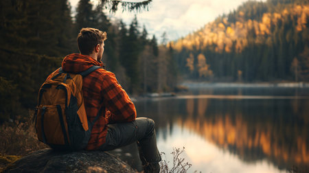 A man is sitting on a rock by a lake wearing a red jacket and a backpack. The scene is peaceful and serene, with the man enjoying the beauty of natureの素材