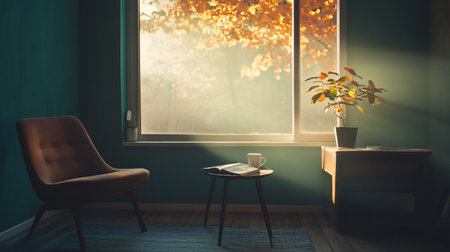 A small room with a brown chair and a table with a potted plant. The room is dimly lit, and the sunlight is shining through the window, creating a warm and cozy atmosphereの素材