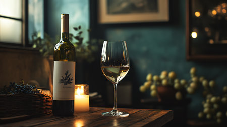 A bottle of wine and a wine glass are on a table in a dimly lit room. The bottle is labeled with a tree and the word "Sage"の素材