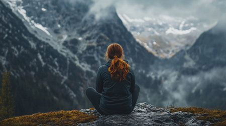 A woman sits on a mountain top, looking out at the beautiful landscape. The mountains are covered in snow, and the sky is cloudy. The woman is in a contemplative moodの素材
