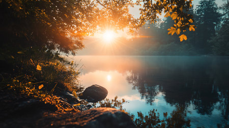 A beautiful lake with a sun shining on it. The sun is reflecting on the water, creating a serene and peaceful atmosphereの素材