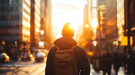 A man wearing a backpack is walking down a city street. The sun is setting, casting a warm glow over the scene. The man is in a hurry, possibly heading to work or an appointmentの素材