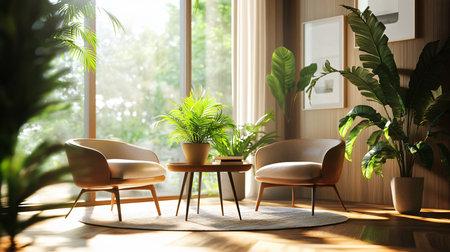 A living room with two chairs and a table, with a potted plant in the middle. The room has a warm and inviting atmosphere, with the sunlight streaming in through the windowの素材