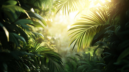 A lush green jungle with a bright sun shining through the leaves. The sunlight creates a warm and inviting atmosphereの素材
