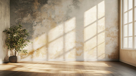 A large empty room with a window and a plant. The room is very bright and open, with sunlight streaming in through the window. The plant adds a touch of greenery to the spaceの素材