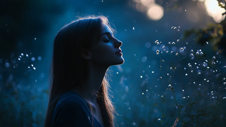 A woman is standing in a field of grass with her head tilted back. The sky is dark and the grass is wetの素材