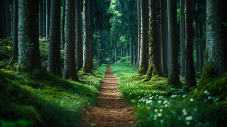 A path through a forest with trees on either side. The path is lined with grass and mossの素材