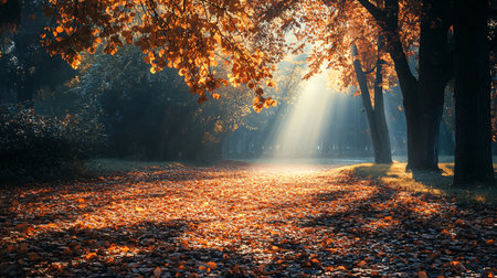 A forest with trees and leaves on the ground. The leaves are orange and the sun is shining through the treesの素材