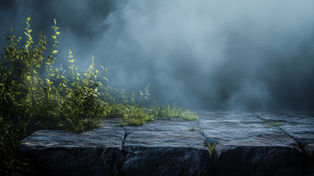 A blurry image of a stone ledge with a bunch of green plants growing on it. The plants are scattered all over the ledge, with some closer to the foreground and others further backの素材