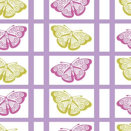 Beautiful vector green and pink butterflies repeat seamless pattern background with simple purple stripes. Can be use for fabric, wallpaper, stationery, packaging, giftwrap etc.のイラスト素材
