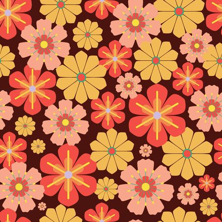 Vector 60s, 70s retro vintage flowers seamless pattern background on balck surface. Great use for fabric, wallpaper, gift-wrap, scrapbooking, fashion and many more.のイラスト素材