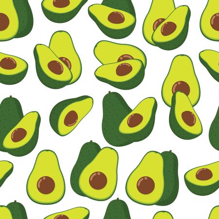 Green vector avacado seamless pattern background on white surface. Perfect use for fabrics, wallpaper, baby and kids clothing, food packaging projects etc.のイラスト素材