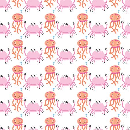 Vector cute kawaii octopus and crab seamless pattern background on white surface. Great use for fabric, kids clothing, wallpaper, scrapbooking, wrapping paper etc.のイラスト素材