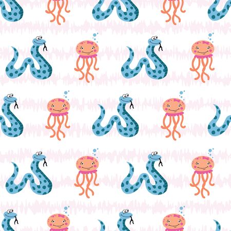 Vector cute kawaii octopus and snake seamless pattern background on white surface. Great use for fabric, kids clothing, wallpaper, scrapbooking, wrapping paper etc.のイラスト素材