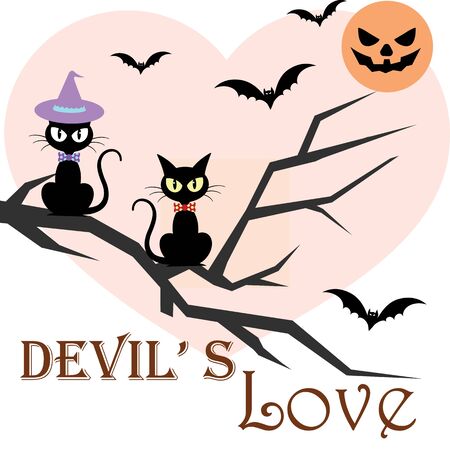 Vector halloween holiday illustration greeting with devil couple cats at bloody moon nightのイラスト素材