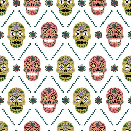 Vector gothic pastel colored sugar skull with flower seamless pattern backgroundのイラスト素材