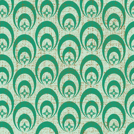 Vector pastel green geometric oval and star shape seamless pattern background with texture on topのイラスト素材