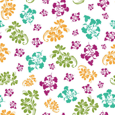Vector colorful trendy monochrome flowers seamless pattern background on white surface. Perfect use for fabrics, wallpapers, trending projects etc.のイラスト素材