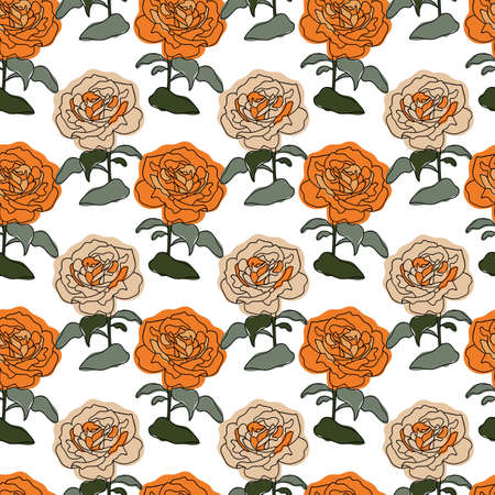 Vector orange and green colored rose stripes seamless pattern background on white surface. Great use for textile, wallpaper, wrapping paper etc.のイラスト素材