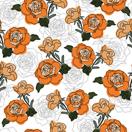 Vector orange and green colored roses with rose texture seamless pattern background on white surface. Great use for textile, wallpaper, wrapping paper etc.のイラスト素材