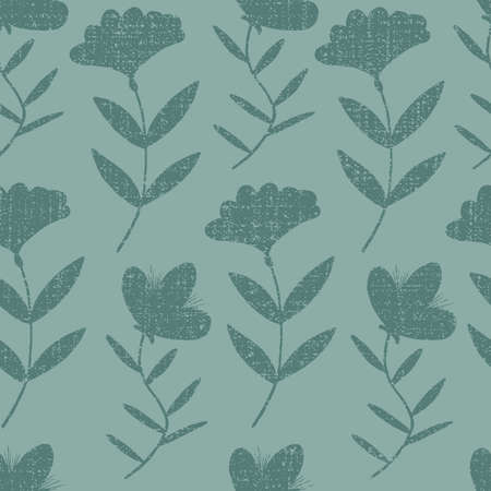 Vector green monochorme flowers with texture seamless pattern background with blooming branch. Great use for fabric, wallpaper, giftwrap, wrapping paper and many more.のイラスト素材