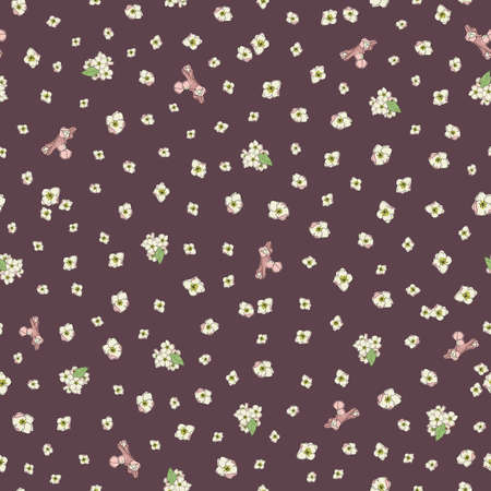 Vector cream color small ditsy flowers seamless pattern background on brown surfaceのイラスト素材