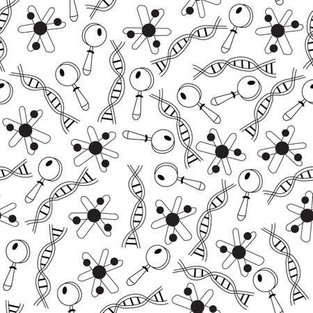 Vector black and white science molecules, magnifying glass seamless pattern backgroundのイラスト素材