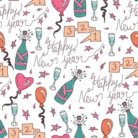 Vector New Year text with party celebration elements seamless pattern backgroundのイラスト素材