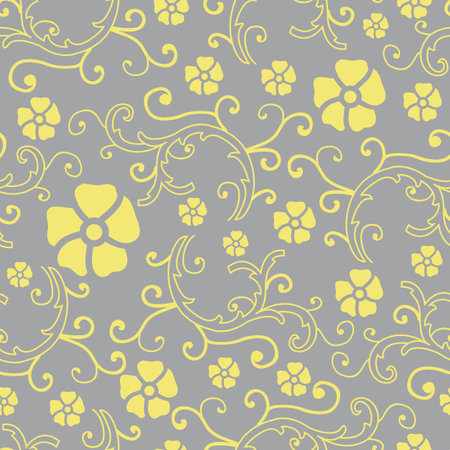 Vector flowers with bail seamless pattern in trendy colors Pantone 2021 Illuminating yellow, Ultimate Grayのイラスト素材