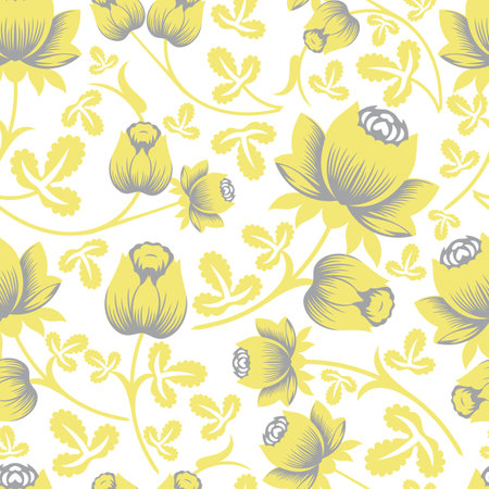 Vector rose flowers with leaves seamless pattern in trendy colors Pantone 2021 Illuminating yellow, Ultimate Grayのイラスト素材