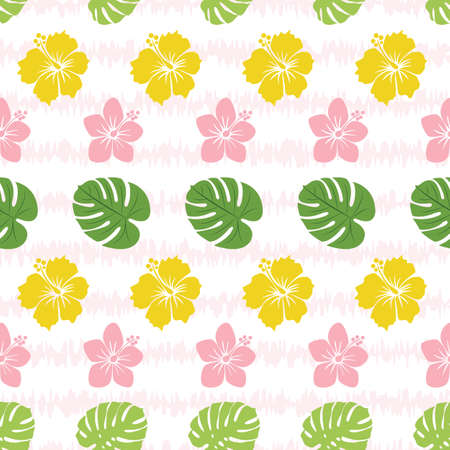 Vector hibicus yellow and pink flowers with plam leaves seamless pattern backgroundのイラスト素材