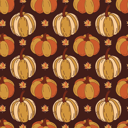 Vector Thanksgiving pumpkin and leaf seamless repeat pattern background. Vector illustrationのイラスト素材