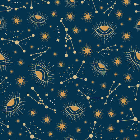 Vector Celestial magic stars seamless repeat pattern design background. Good use for fabrics, wrapping paper, home decor, wallpaper, etc.のイラスト素材