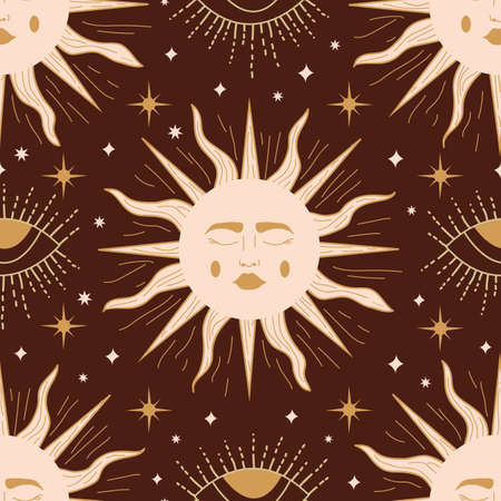 Vector Celestial magic sun seamless repeat pattern design background. Good use for fabrics, wrapping paper, home decor, wallpaper, etc.のイラスト素材
