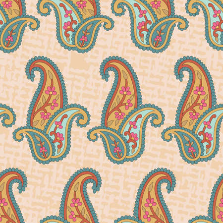 Vector textured Indian paisley seamless repeat pattern background. Good use for fabrics, upholstery, home decor, textile, etc.のイラスト素材