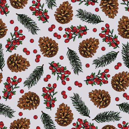 Vector Christmas pinecone with leaf and holy berries repeat seamless pattern background. Vector illustrationのイラスト素材