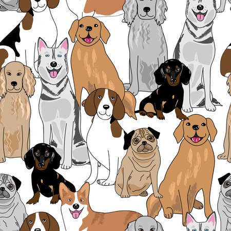 All over vector repeat pattern with overlapping dog breeds for pet animal projectsのイラスト素材