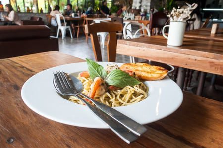 Spicy Spaghetti with Shrimp, Italian and Thai Cuisine Fusion Foodの写真素材