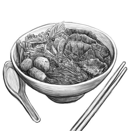 1 bowl of beef noodles have it monochrome illustration.の写真素材