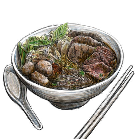 1 bowl of beef noodles have it color illustration.